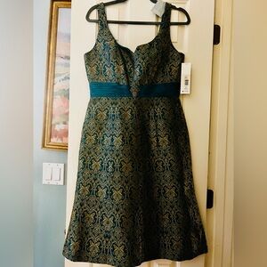 Badgley Mischka Teal and Gold Brocade Gown